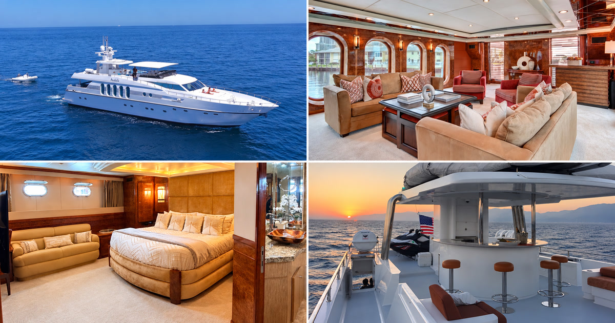 Marbella at sea, her salon, the master stateroom and the sundeck bar at sunset